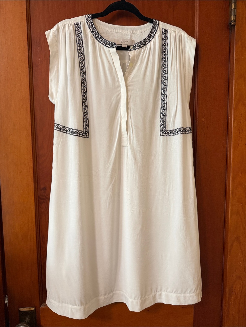 LOFT White Tunic with Navy Embroidered Trim